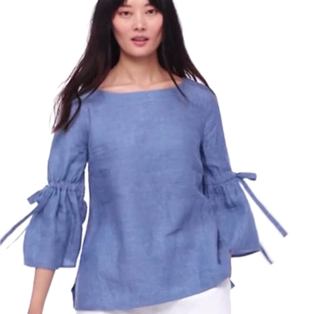 Charter Club Blue Chambray Linen Top with Bow Detail Sleeves, Size 1X